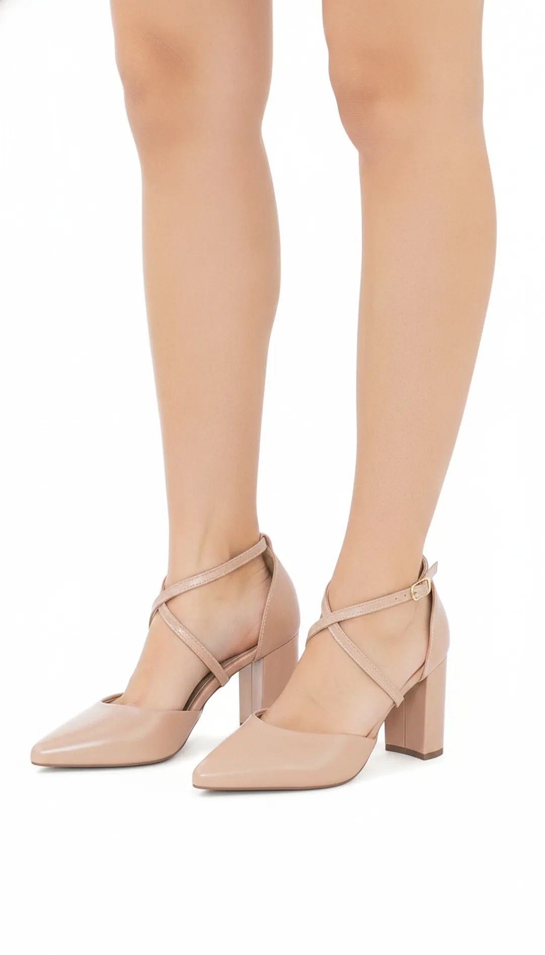 Scarpin Bico Fino Nude Rosado com Tira Cruzada