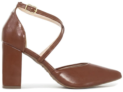 Scarpin Feminino Caramelo Tira Cruzada Salto Grosso