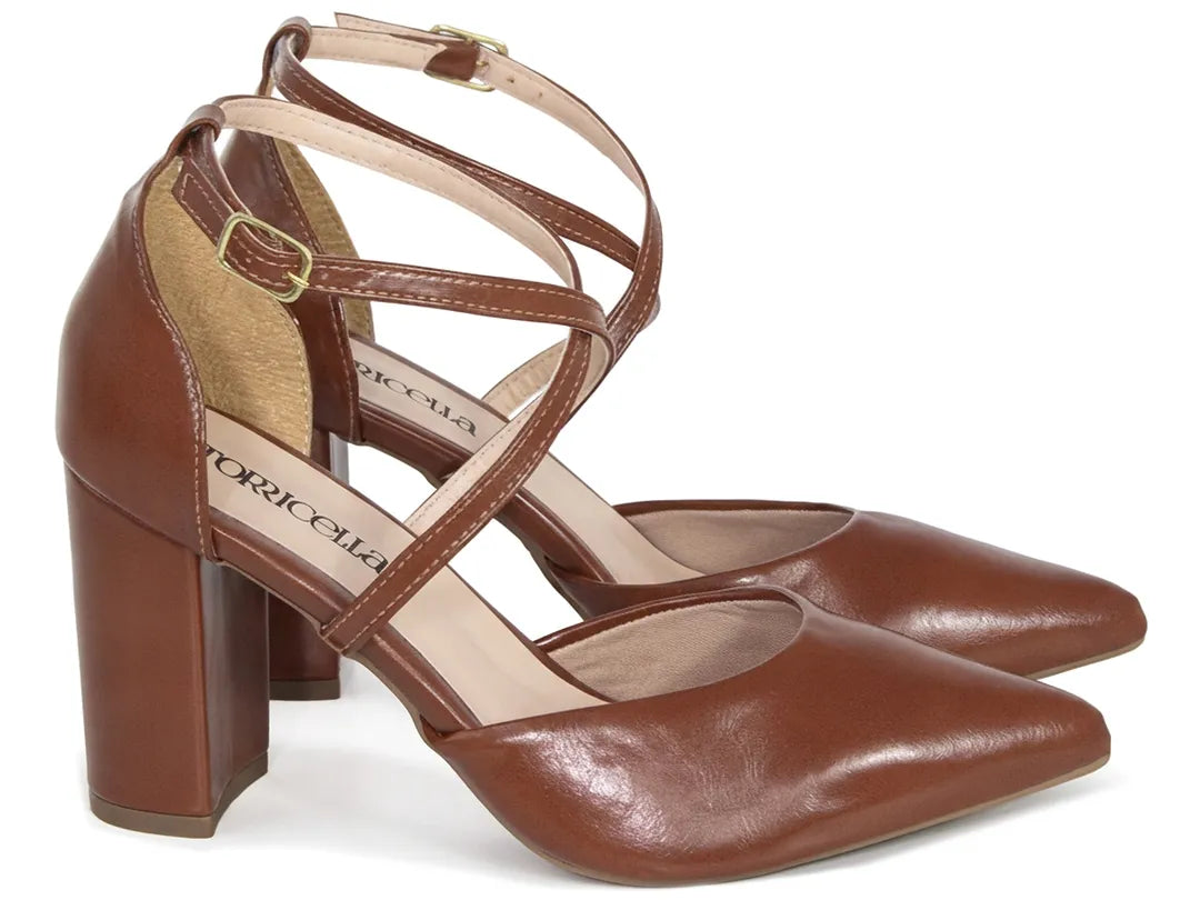 Scarpin Feminino Caramelo Tira Cruzada Salto Grosso