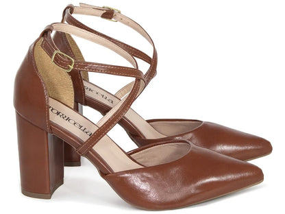 Scarpin Feminino Caramelo Tira Cruzada Salto Grosso