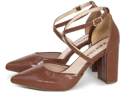 Scarpin Feminino Caramelo Tira Cruzada Salto Grosso
