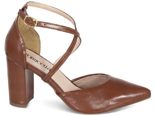 Scarpin Feminino Caramelo Tira Cruzada Salto Grosso