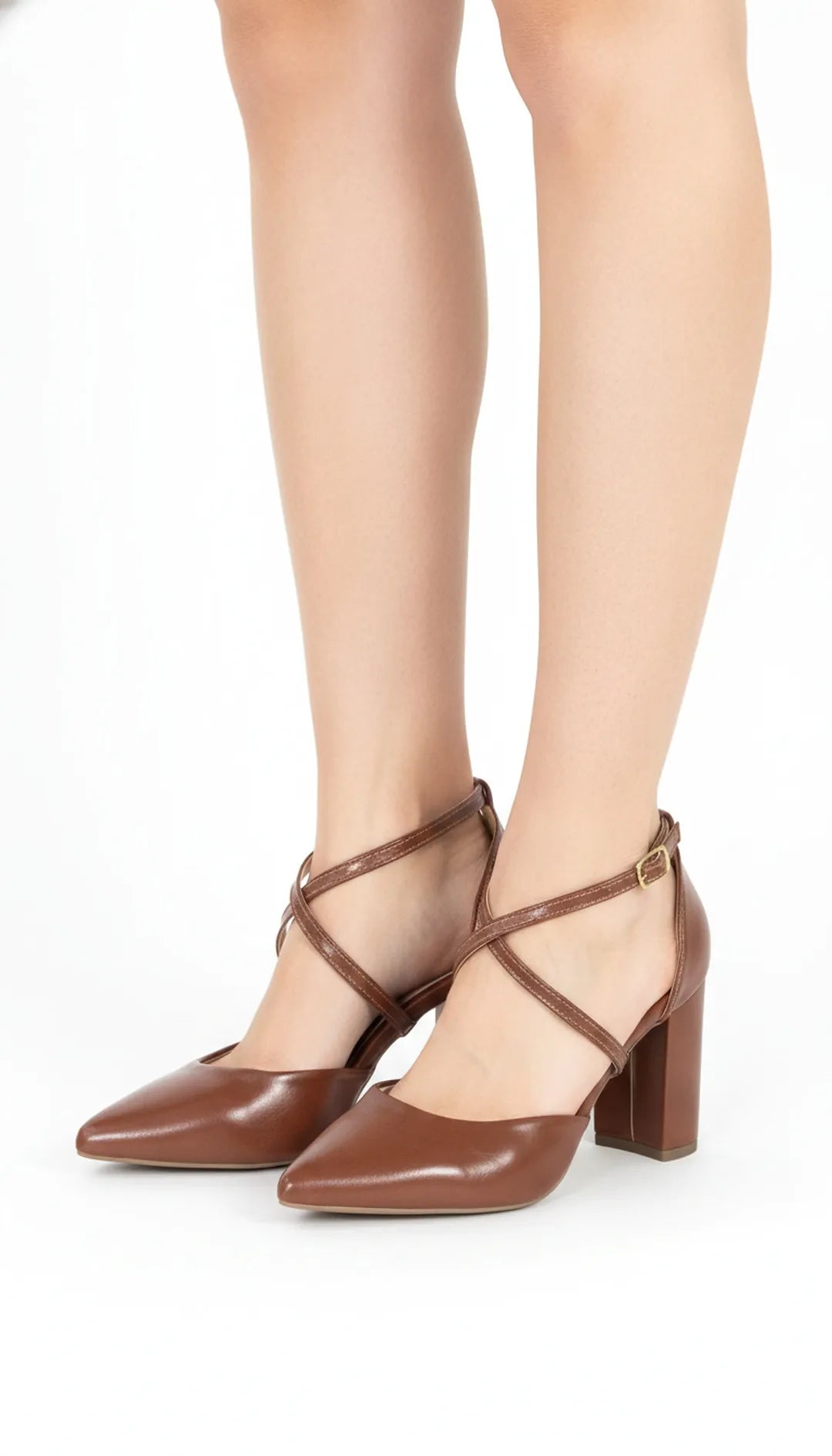 Scarpin Feminino Caramelo Tira Cruzada Salto Grosso