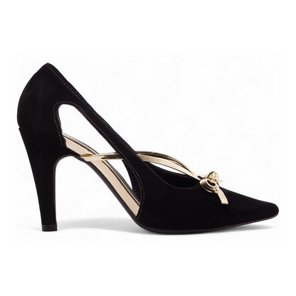 Scarpin Salto Fino Nobuck Preto com Metalizado Specchio Ouro