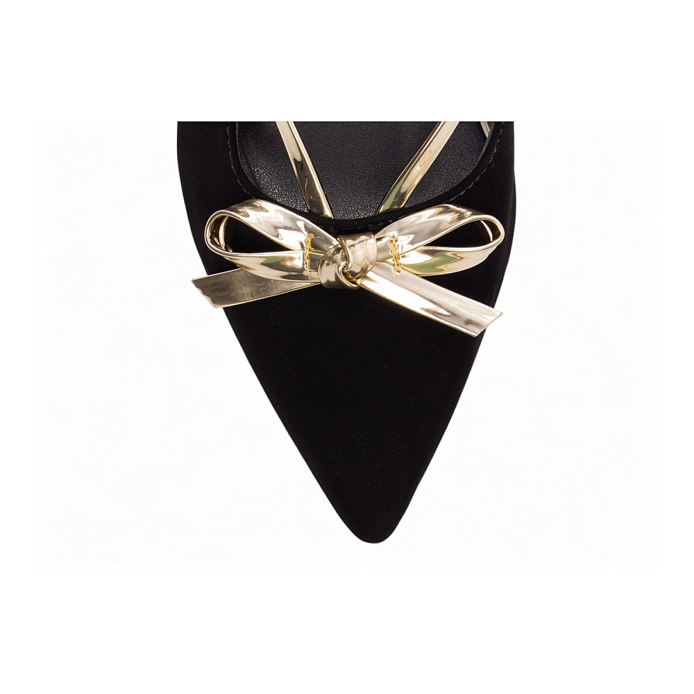 Scarpin Salto Fino Nobuck Preto com Metalizado Specchio Ouro