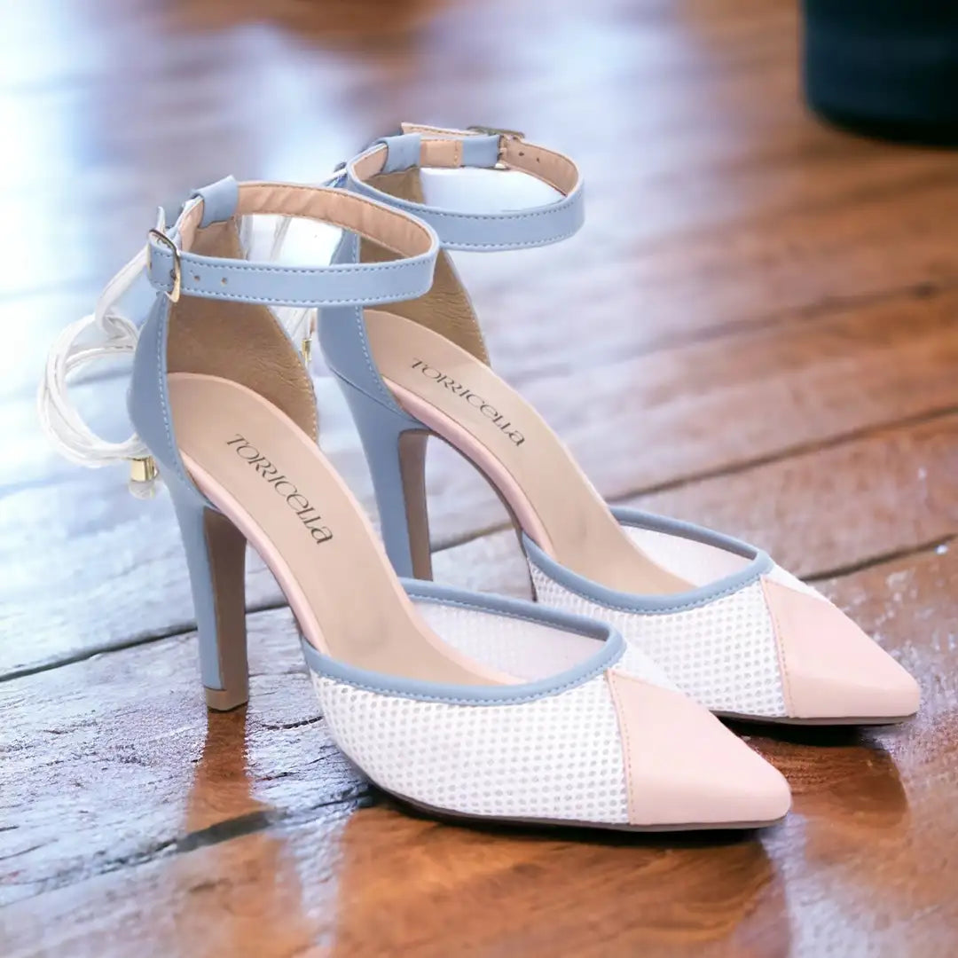 Scarpin Torricella Napa Azul, Rosa e Branco – Salto 9cm | Hyly Prime
