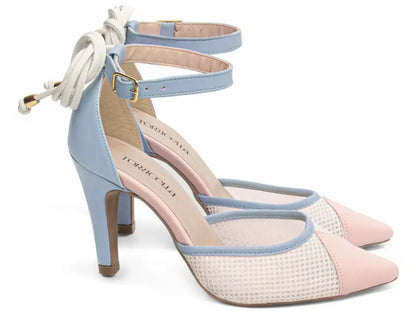 Scarpin Torricella Napa Azul, Rosa e Branco – Salto 9cm | Hyly Prime