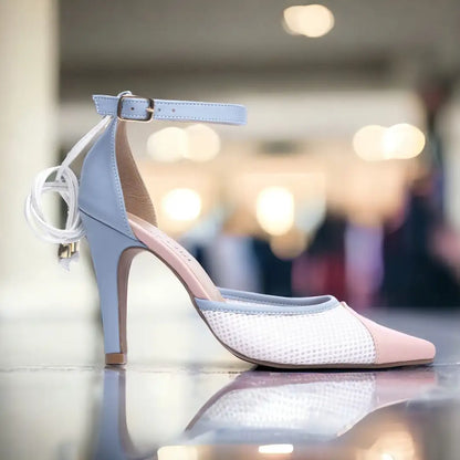 Scarpin Torricella Napa Azul, Rosa e Branco – Salto 9cm | Hyly Prime