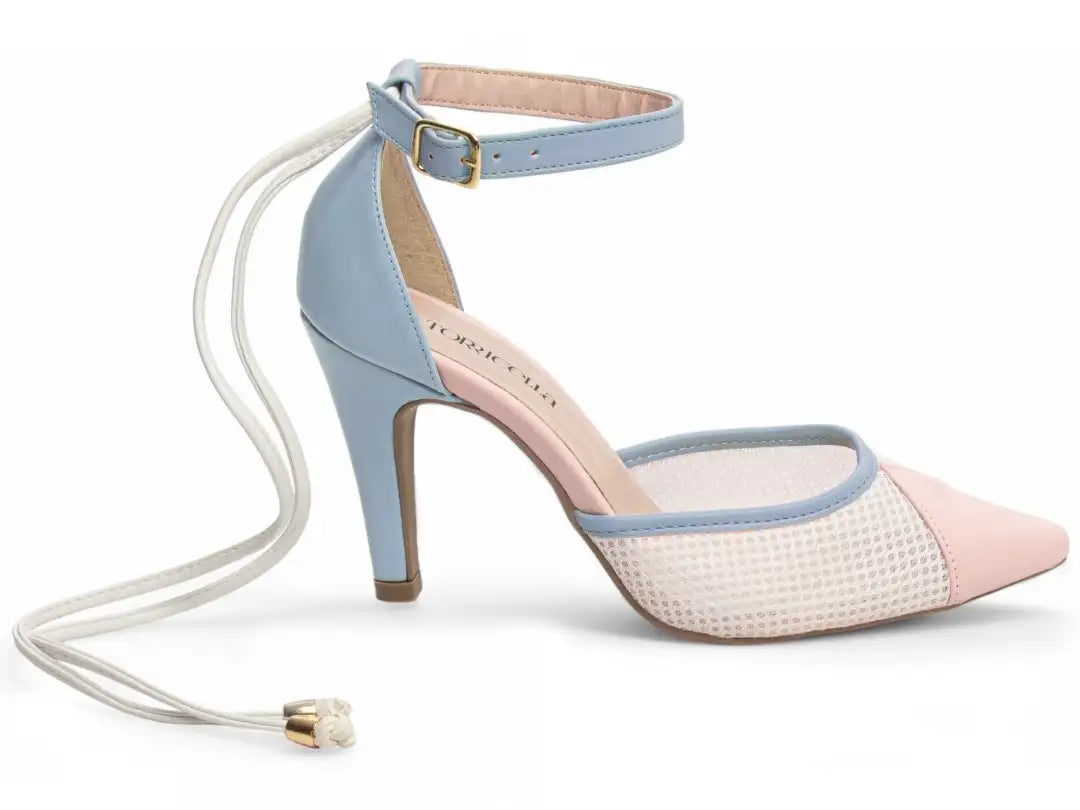 Scarpin Torricella Napa Azul, Rosa e Branco – Salto 9cm | Hyly Prime